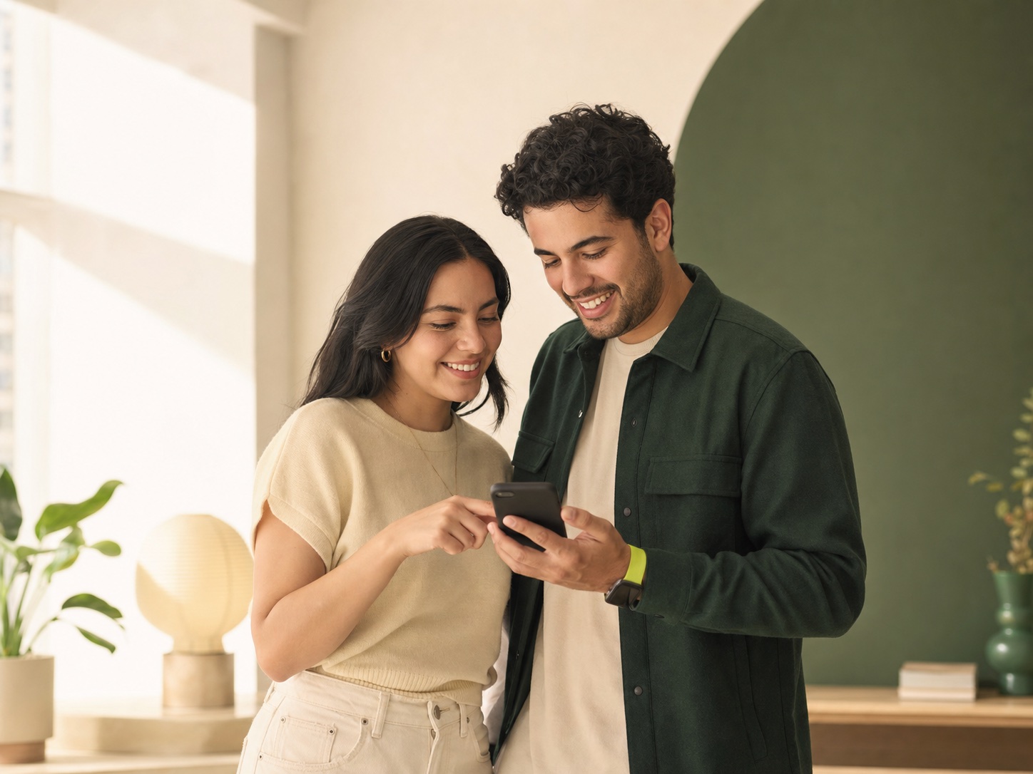 Una pareja latinoamericana revisando gastos compartidos en su teléfono